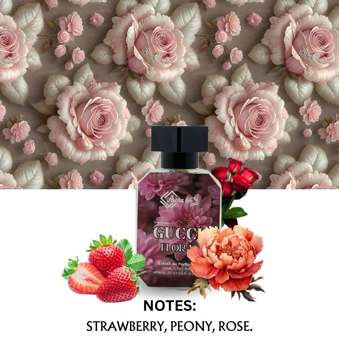 gucci flora perfume bottle with rose flowers in the background